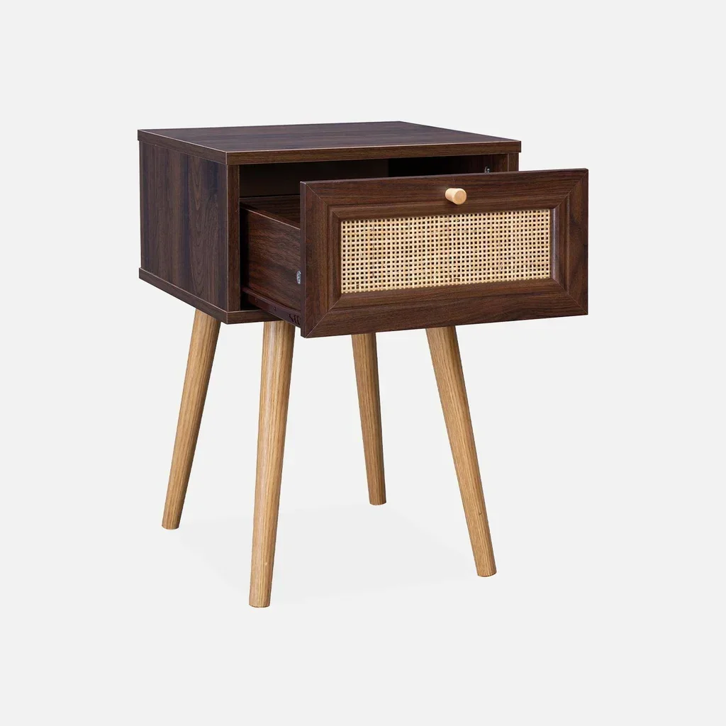 Lot de 2 tables de chevet cannage bois avec tiroir style vintage bohème
