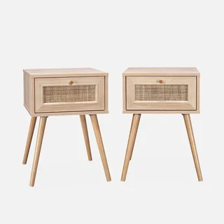 Lot de 2 tables de chevet cannage bois tiroir style bohème vintage chambre
