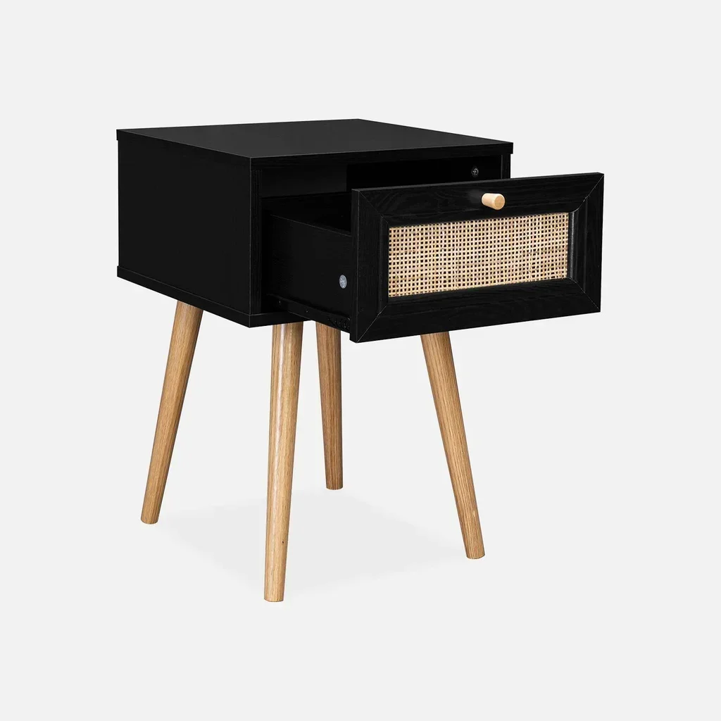 Lot de 2 tables de chevet cannage et bois avec tiroir – Style bohème vintage