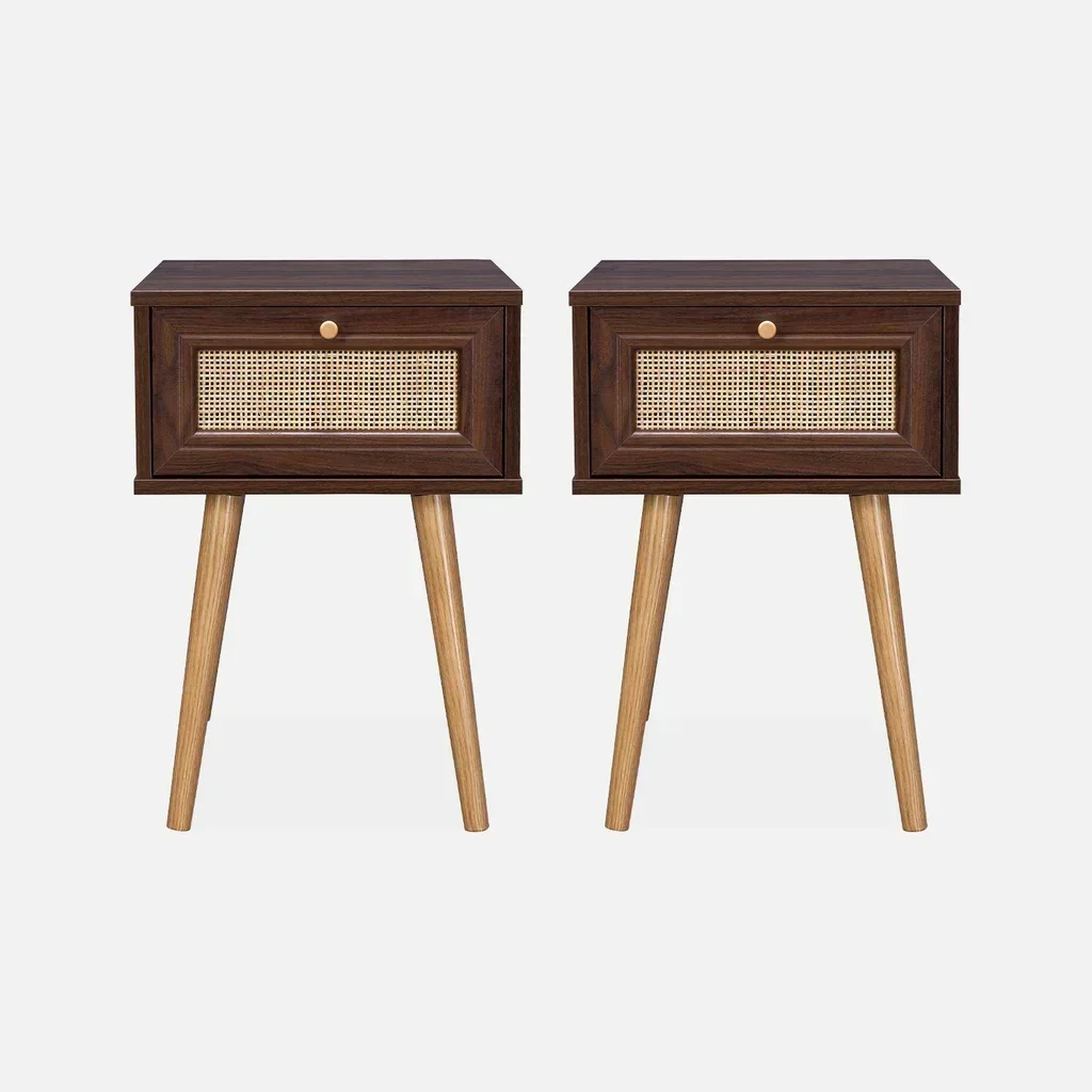 Lot de 2 tables de chevet cannage bois avec tiroir style vintage bohème