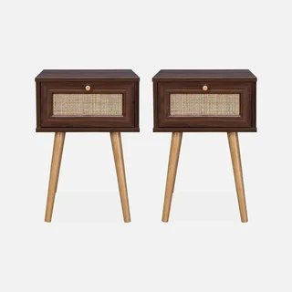 Lot de 2 tables de chevet cannage bois avec tiroir style vintage bohème