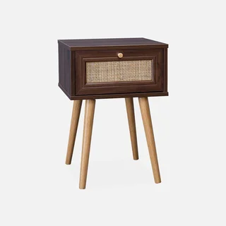 Lot de 2 tables de chevet cannage bois avec tiroir style vintage bohème