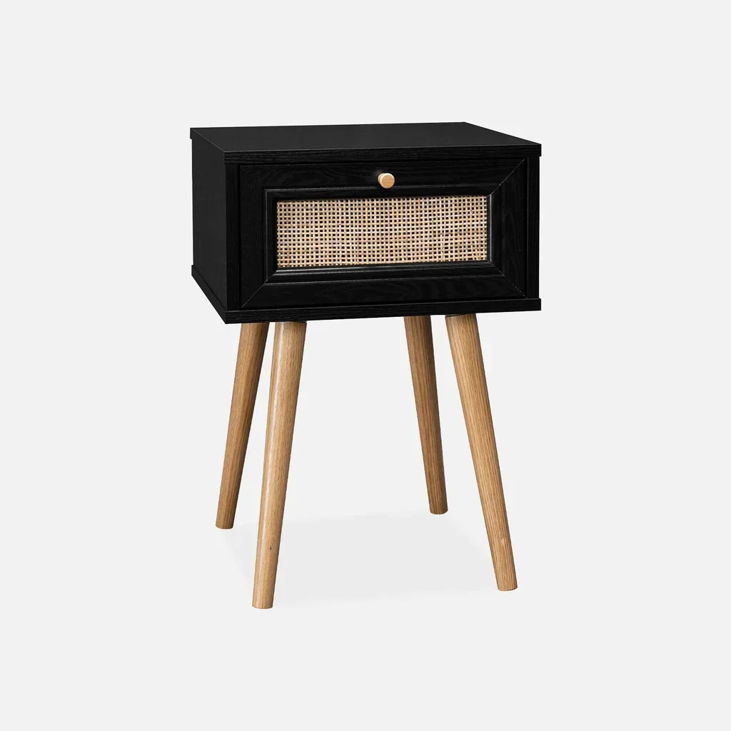 Lot de 2 tables de chevet cannage et bois avec tiroir – Style bohème vintage