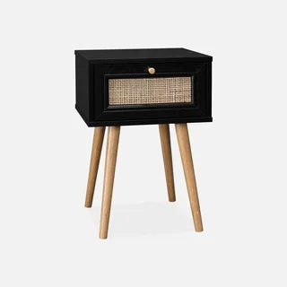 Lot de 2 tables de chevet cannage et bois avec tiroir – Style bohème vintage