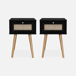 Lot de 2 tables de chevet cannage et bois avec tiroir – Style bohème vintage