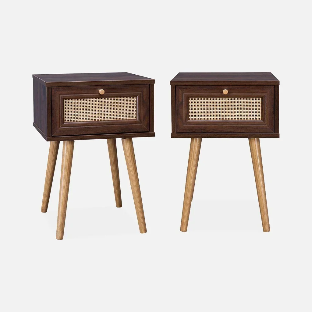 Lot de 2 tables de chevet cannage bois avec tiroir style vintage bohème