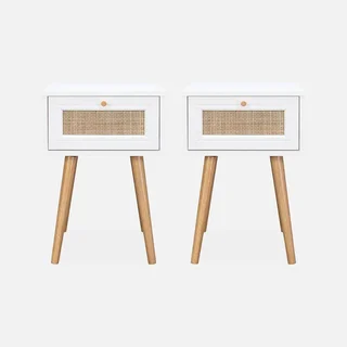 Lot de 2 tables de chevet cannage bois avec tiroir style bohème vintage