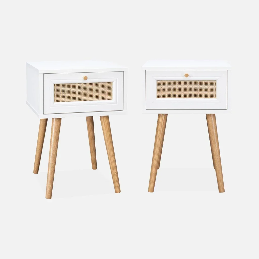 Lot de 2 tables de chevet cannage bois avec tiroir style bohème vintage