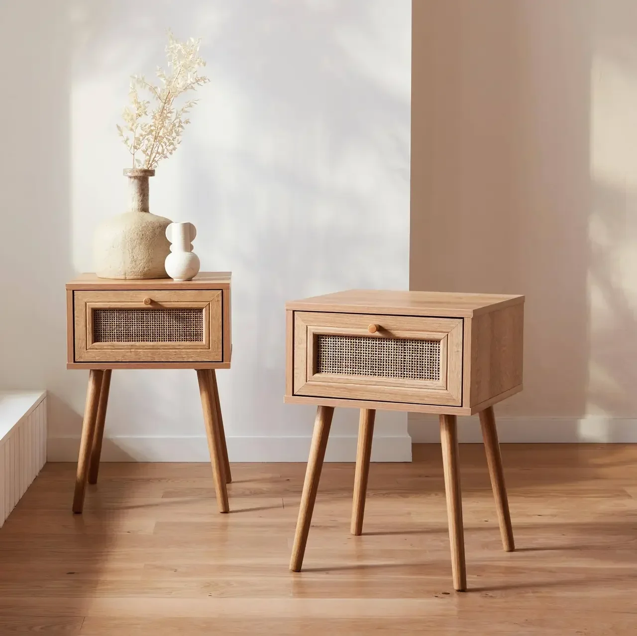 Lot de 2 tables de chevet cannage bois tiroir style bohème vintage chambre