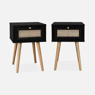 Lot de 2 tables de chevet cannage et bois avec tiroir – Style bohème vintage