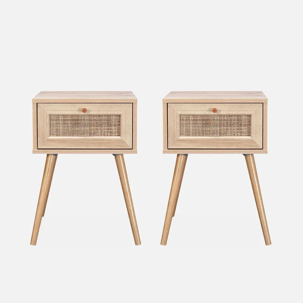 Lot de 2 tables de chevet cannage bois tiroir style bohème vintage chambre