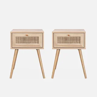 Lot de 2 tables de chevet cannage bois tiroir style bohème vintage chambre