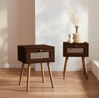 Lot de 2 tables de chevet cannage bois avec tiroir style vintage bohème