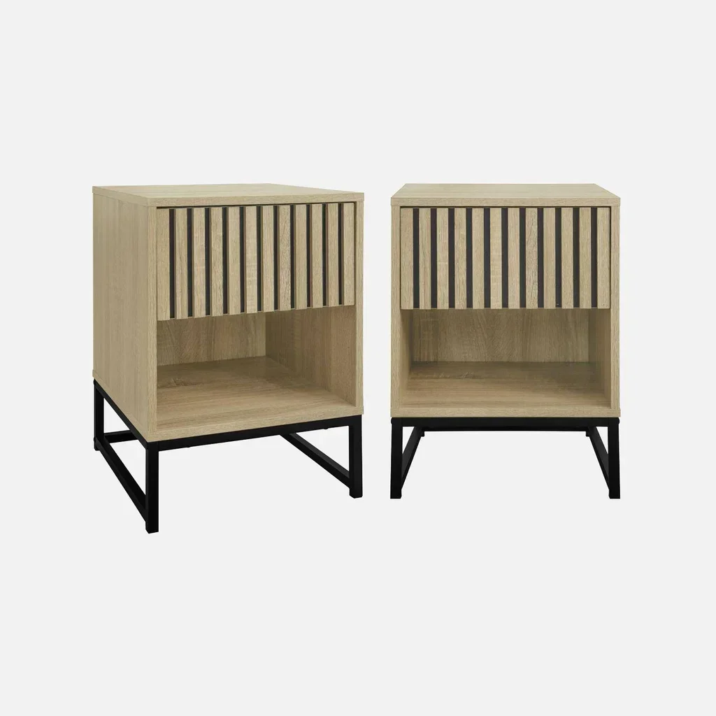 Set of 2 modern design wood grain nightstands with 1 drawer