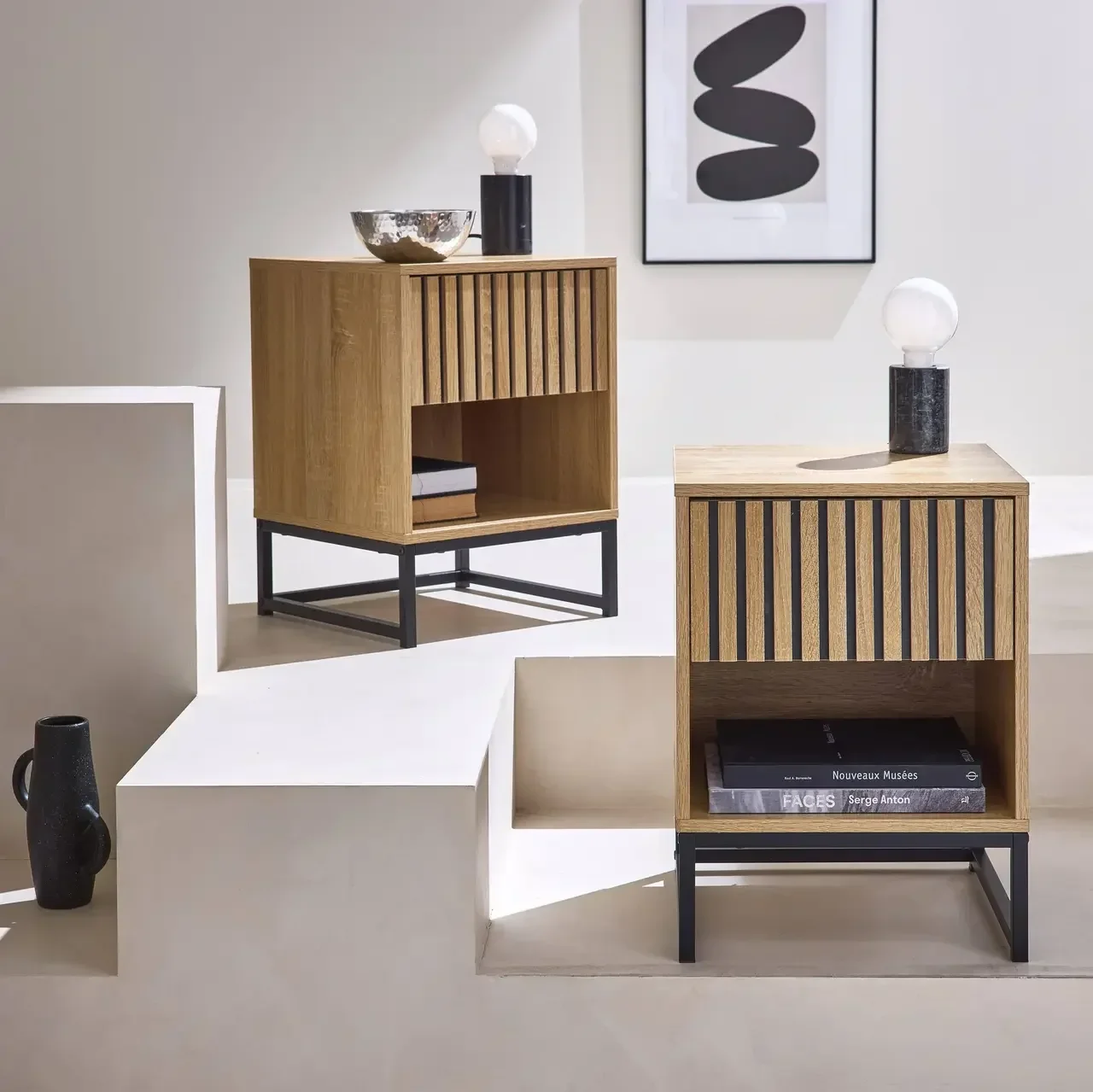 Lot 2 tables de nuit design bois strié 1 tiroir style moderne