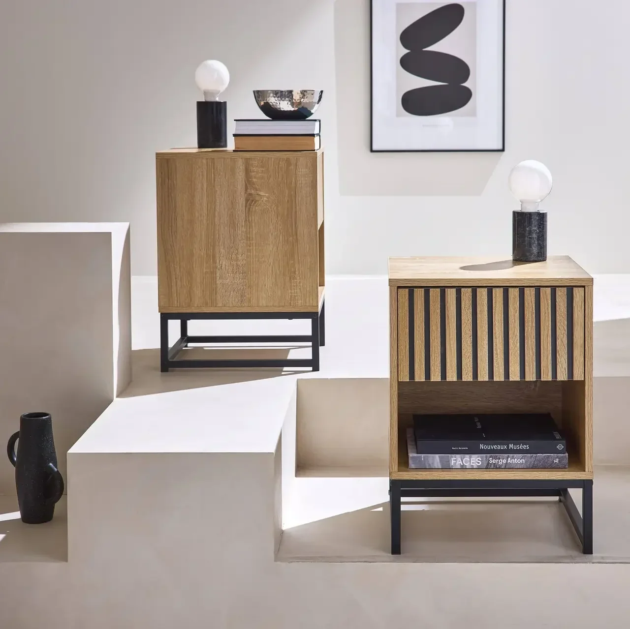 Lot 2 tables de nuit design bois strié 1 tiroir style moderne