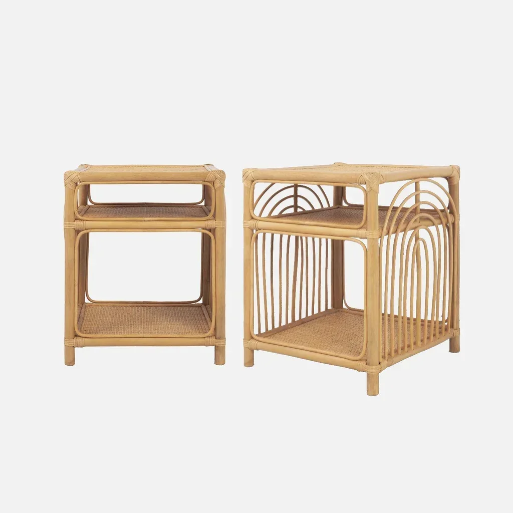 Lot 2 tables de nuit rotin naturel rangement ouvert étagère bohème Bandung