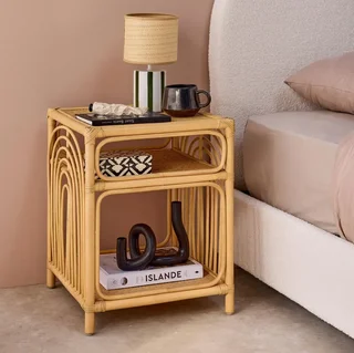 Lot 2 tables de nuit rotin naturel rangement ouvert étagère bohème Bandung