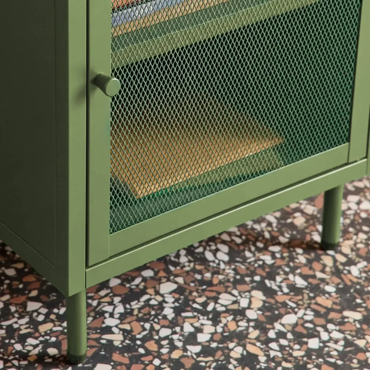 Lot de 2 tables de nuit industrielles métal noir avec porte grillagée et rangement
