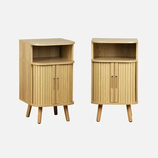 Set of 2 Scandinavian Nightstands with Sliding Doors Wooden Legacy