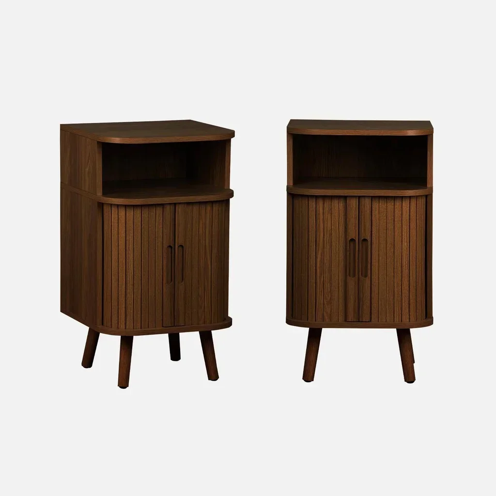 Set of 2 Scandinavian wood nightstands sliding doors