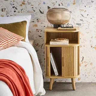 Set of 2 Scandinavian Nightstands with Sliding Doors Wooden Legacy