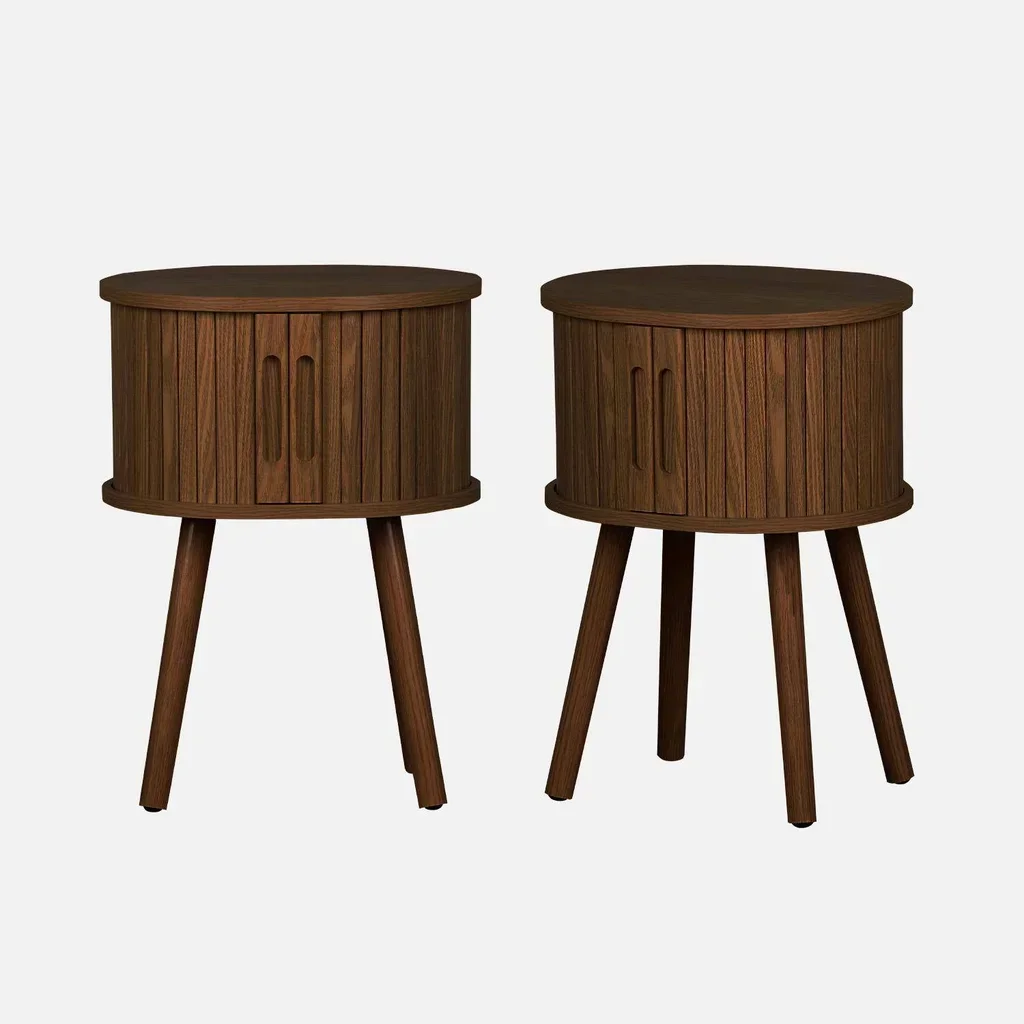 Scandinavian wooden bedside table 2 sliding doors oval