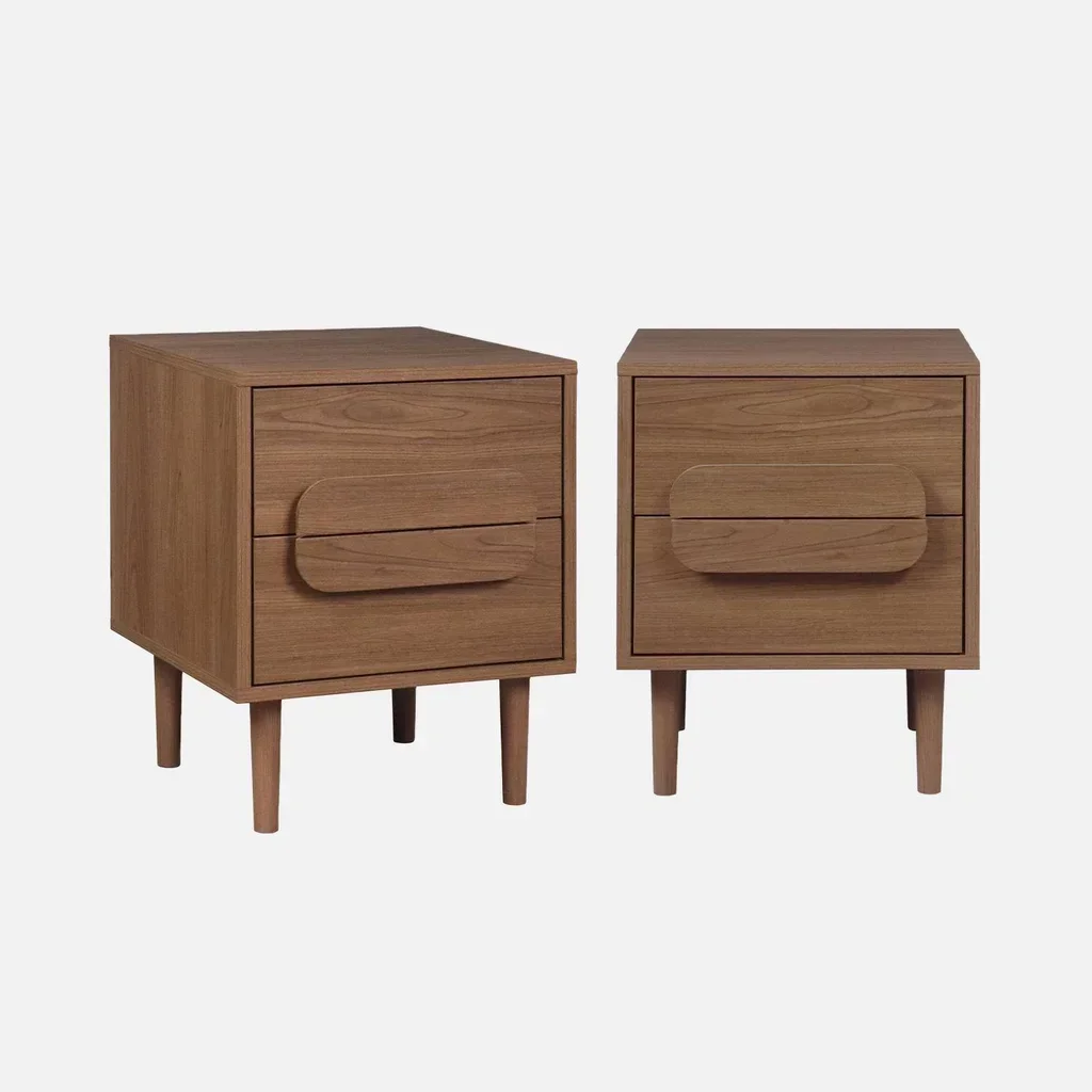 Lot de 2 tables de chevet vintage bois noyer 2 tiroirs style rétro Juliana