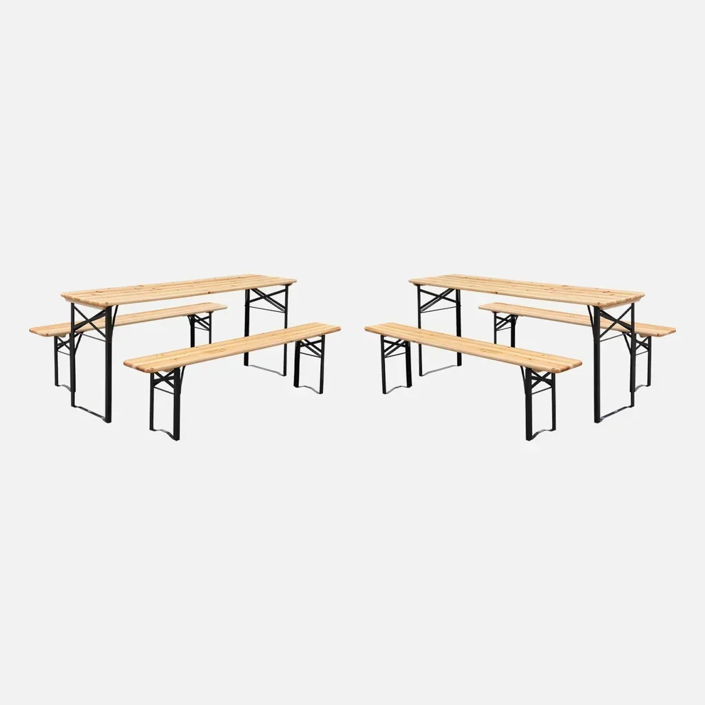Lot 2 tables réception pliantes bois sapin bancs assortis