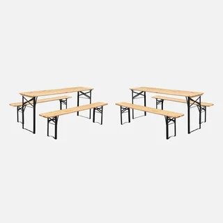 Lot 2 tables réception pliantes bois sapin bancs assortis