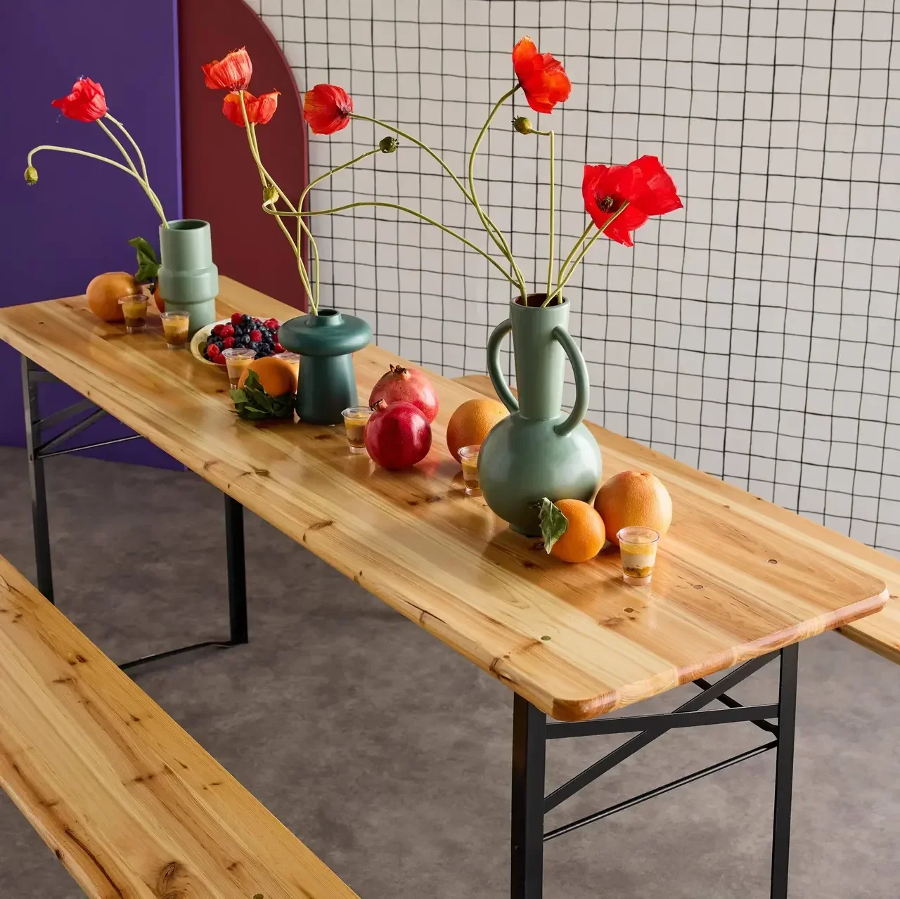 Lot 2 tables réception pliantes bois sapin bancs assortis