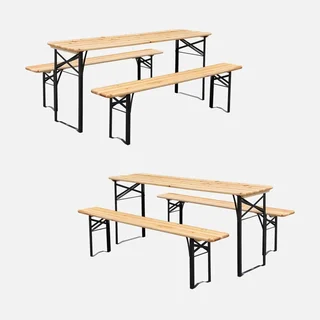 Lot 2 tables réception pliantes bois sapin bancs assortis