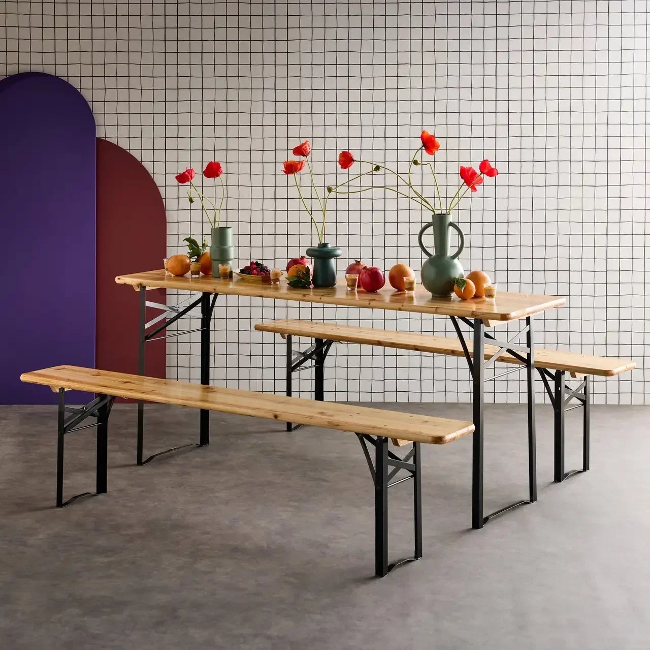 Lot 2 tables réception pliantes bois sapin bancs assortis
