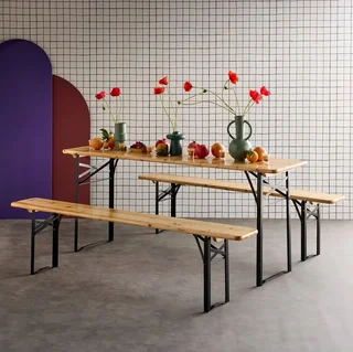 Lot 2 tables réception pliantes bois sapin bancs assortis