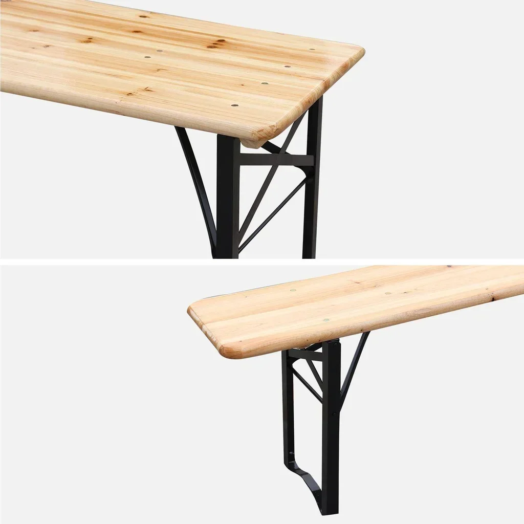 Lot 2 tables réception pliantes bois sapin bancs assortis
