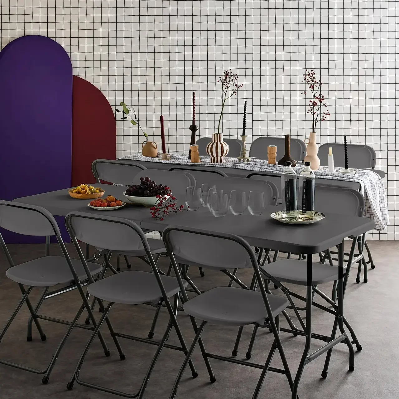 Lot 2 tables réception pliantes 180cm plastique 6 chaises empilables intérieur extérieur