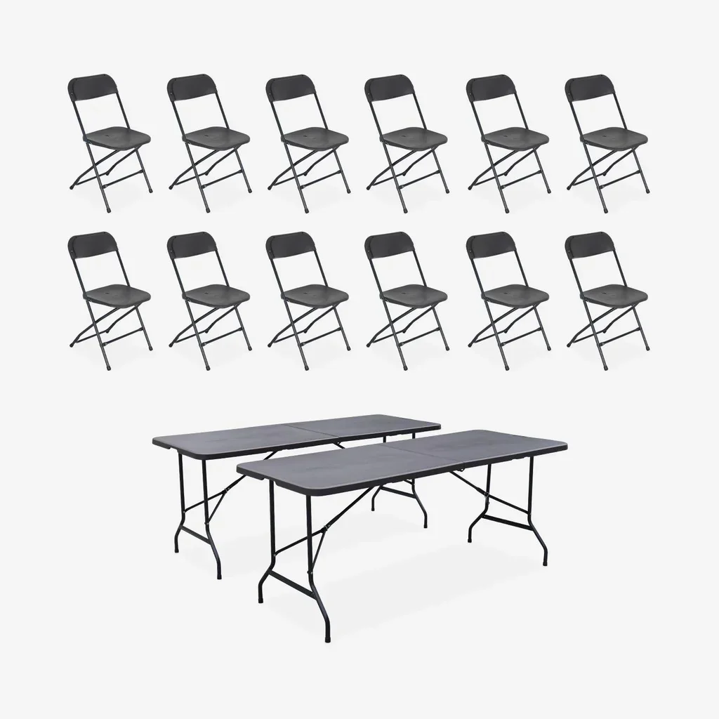 Lot 2 tables réception pliantes 180cm plastique 6 chaises empilables intérieur extérieur