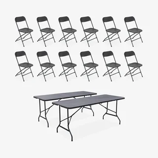 Lot 2 tables réception pliantes 180cm plastique 6 chaises empilables intérieur extérieur
