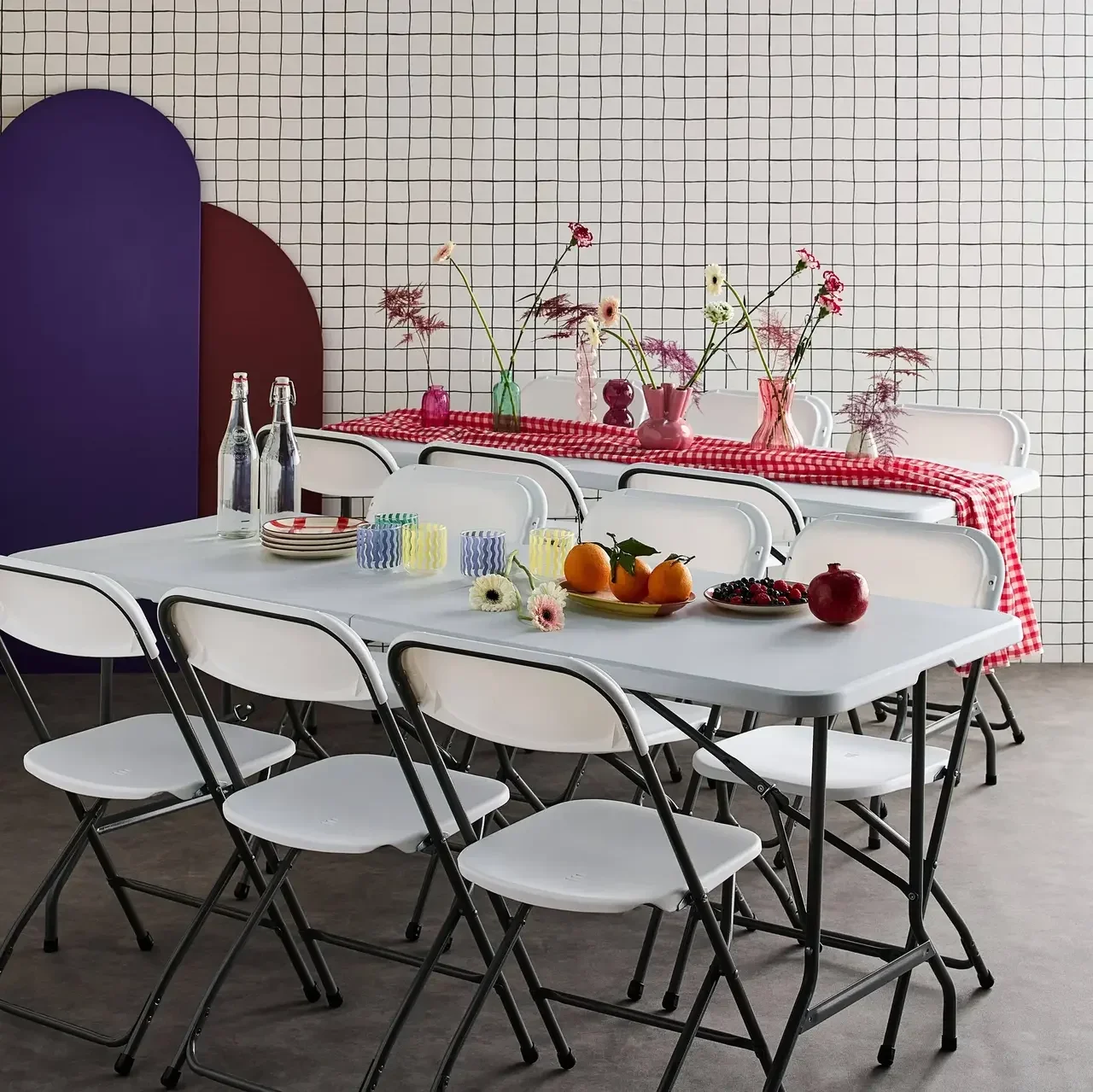 Lot 2 tables pliantes 180cm + 6 chaises empilables réception