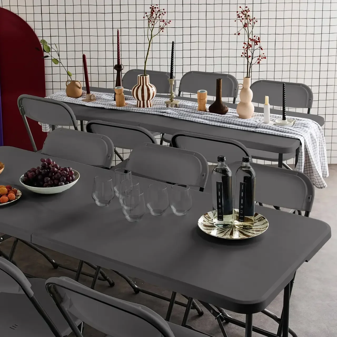 Lot 2 tables réception pliantes 180cm plastique 6 chaises empilables intérieur extérieur