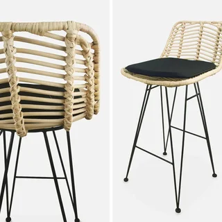 Lot de 2 tabourets de bar rotin et métal noir hauteur 67 cm