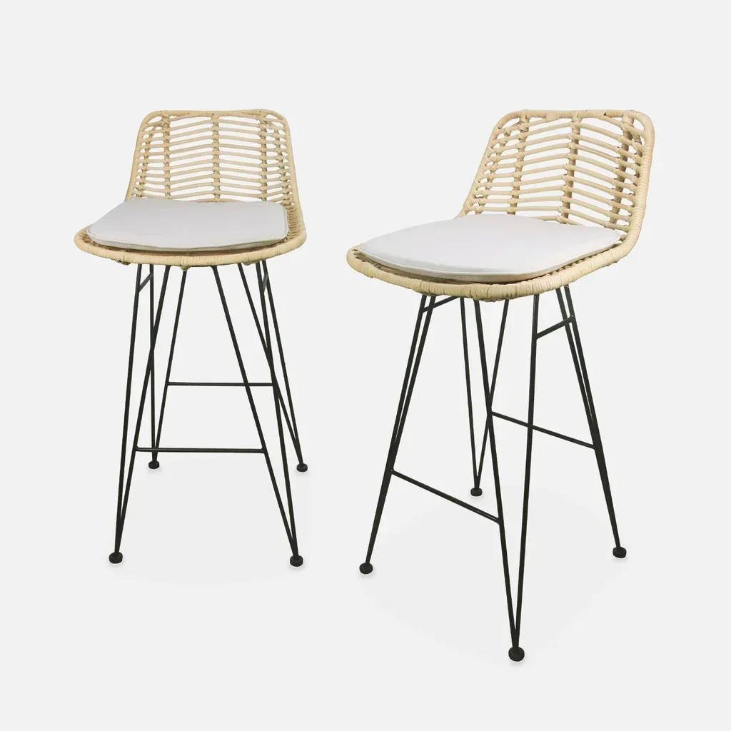 Tabourets bar rotin métal noir hauteur 67 cm lot 2