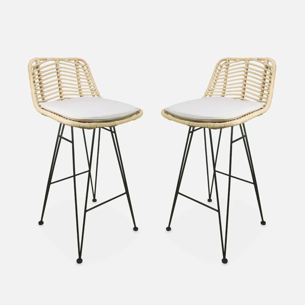Tabourets bar rotin métal noir hauteur 67 cm lot 2