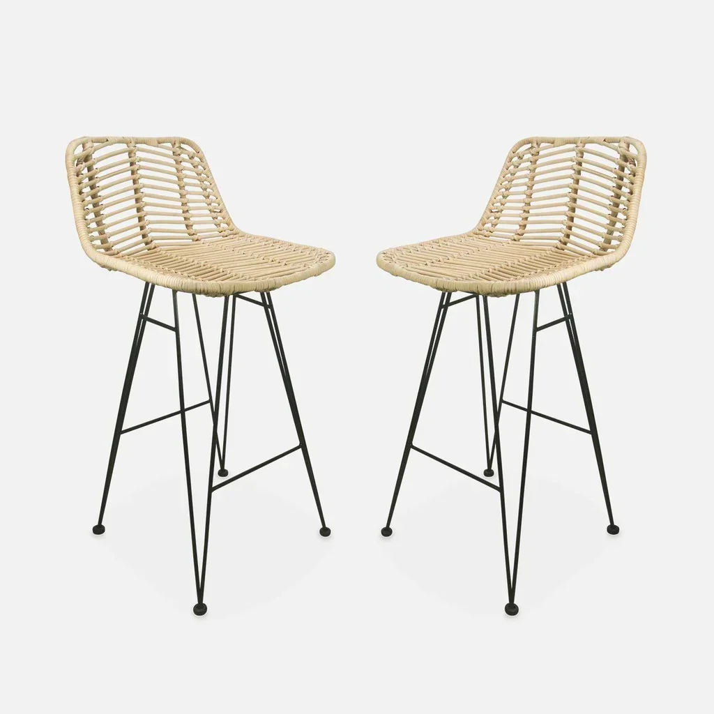 Lot de 2 tabourets de bar rotin et métal noir hauteur 67 cm