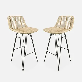 Lot de 2 tabourets de bar rotin et métal noir hauteur 67 cm