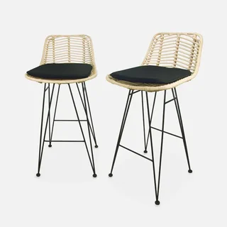 Lot de 2 tabourets de bar rotin et métal noir hauteur 67 cm