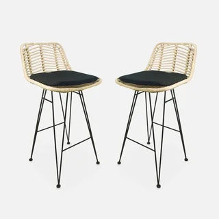 Lot de 2 tabourets de bar rotin et métal noir hauteur 67 cm