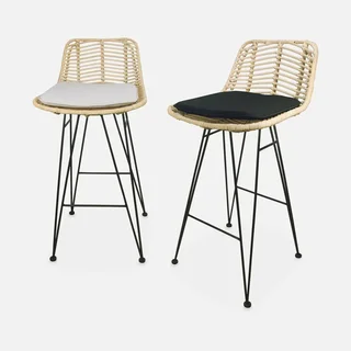 Lot de 2 tabourets de bar rotin et métal noir hauteur 67 cm
