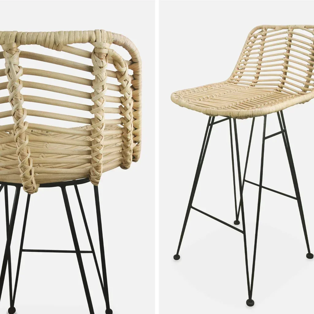 Lot de 2 tabourets de bar rotin et métal noir hauteur 67 cm