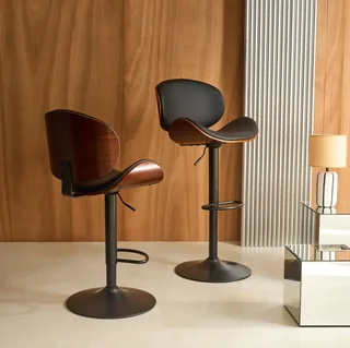 Lot de 2 tabourets de bar réglables en hauteur avec dossier en bois courbé et assise en similicuir